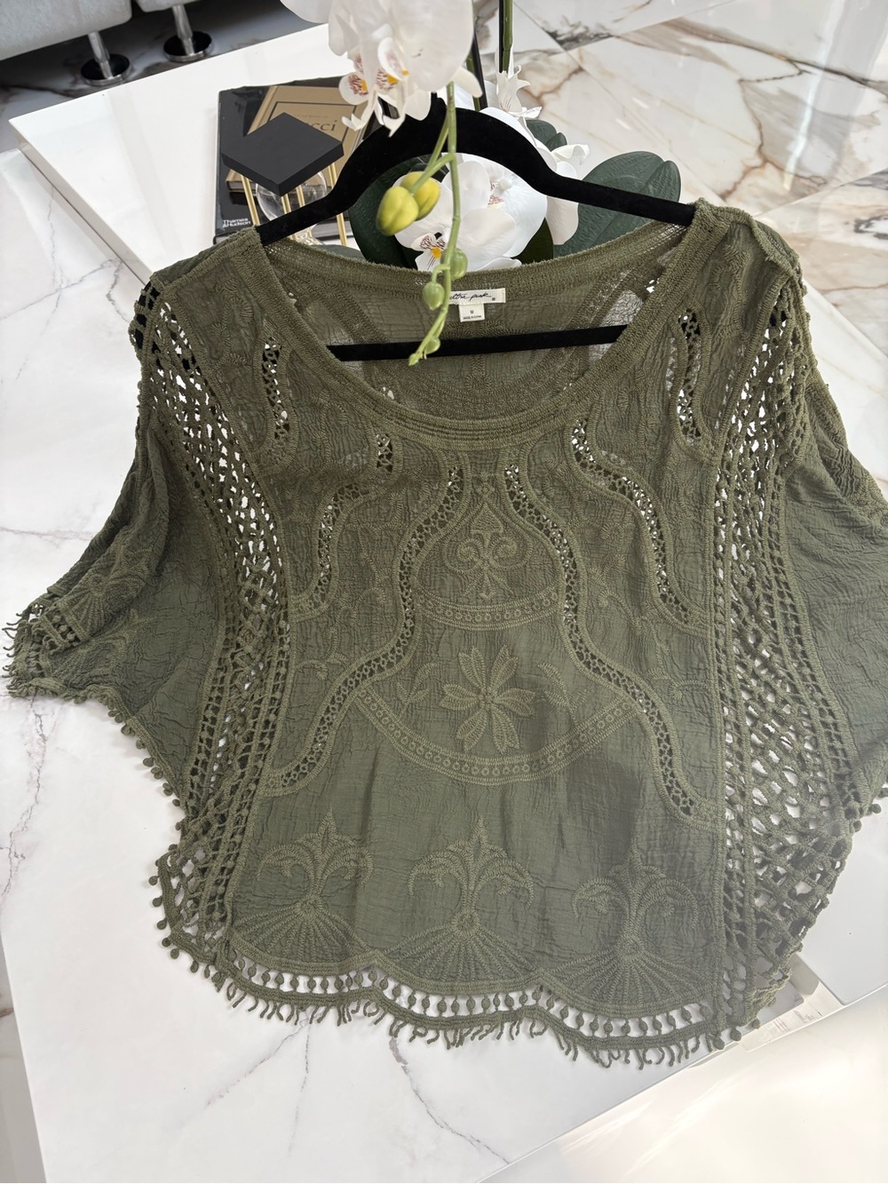 Ultra Pink Olive Green Crochet-Detail Crop Top